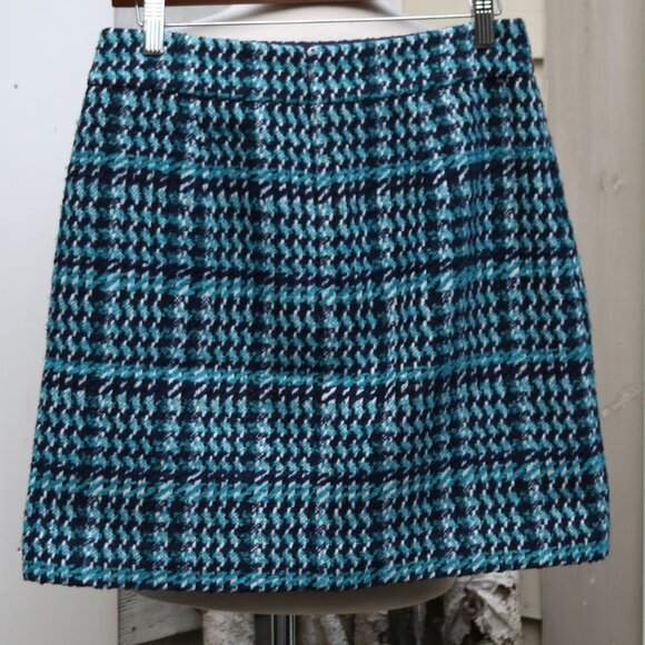 LOFT Aqua Navy Blue White Houndstooth Plaid Zipper Pockets Short Skirt Sz 2 - Picture 4 of 6